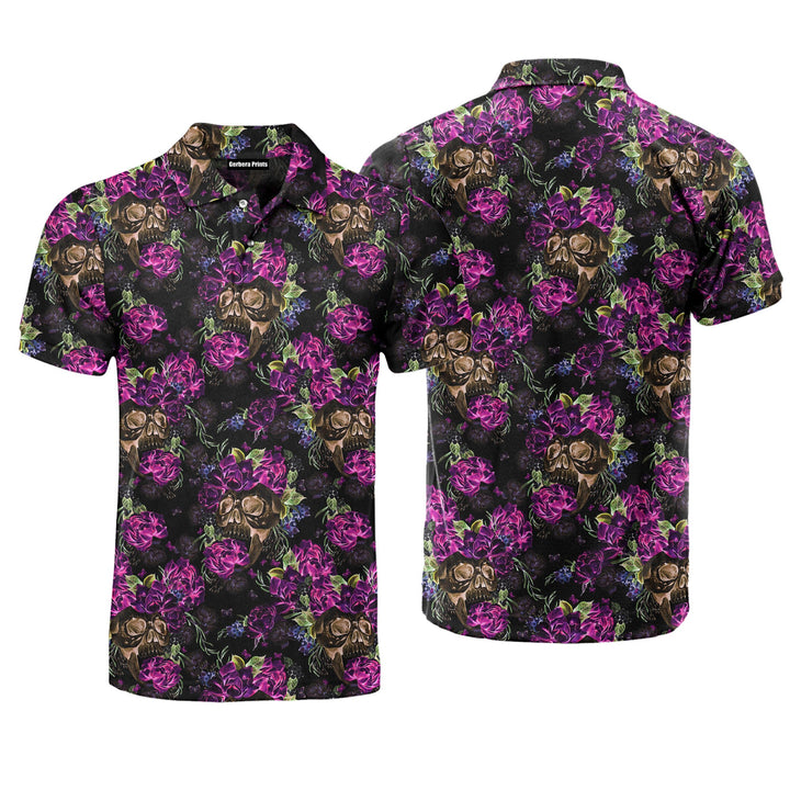 Purple Night Skull Flowers Polo Shirt For Men