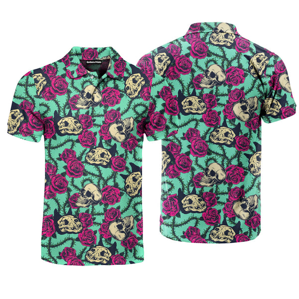 Vintage Skull Cat Rose Polo Shirt For Men