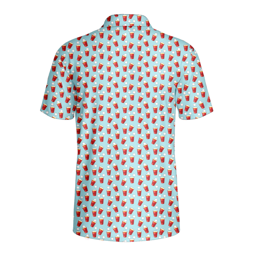 Red Solo Cup funny golf polo for men in Light Blue, back flat lay