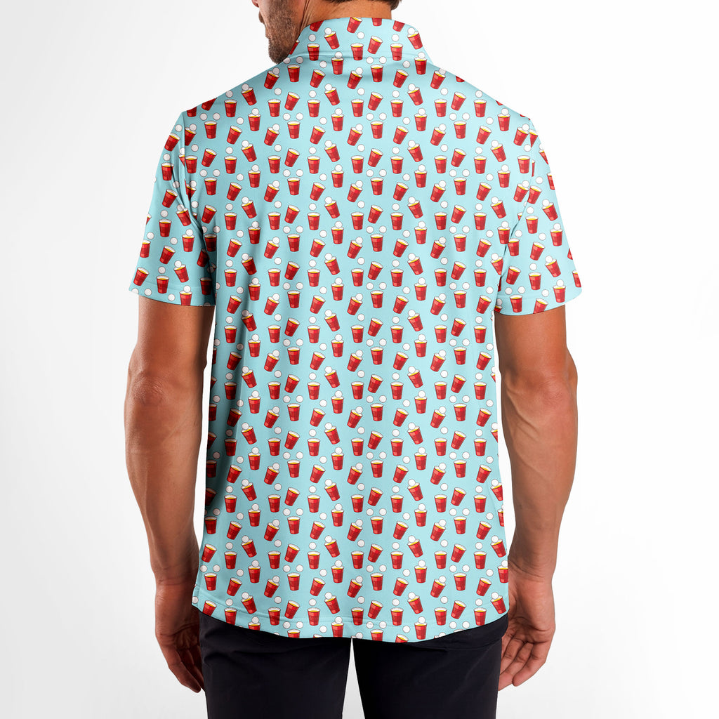Red Solo Cup men's golf shirt in Light Blue on a golfer, back view