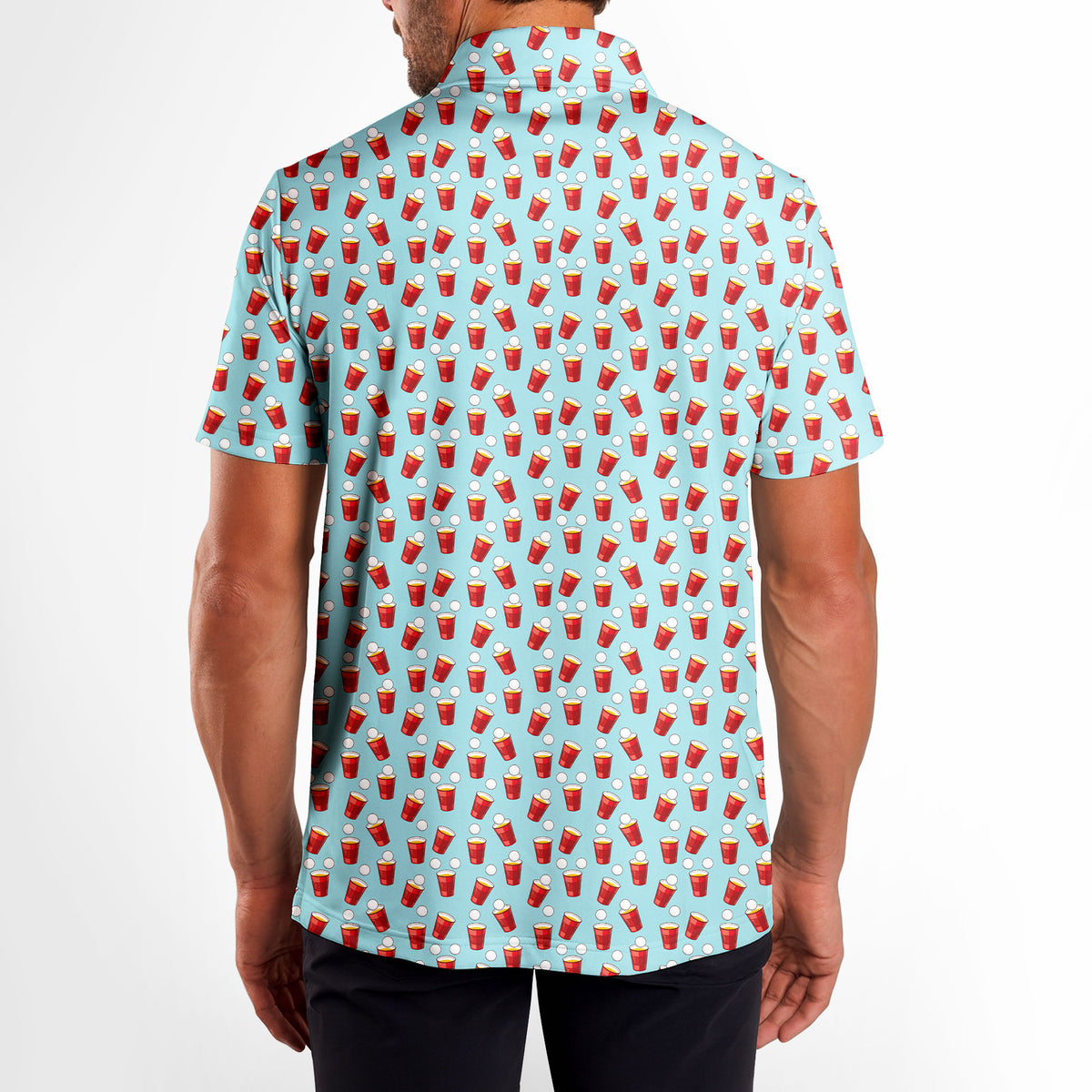 Red Solo Cup men's golf shirt in Light Blue on a golfer, back view
