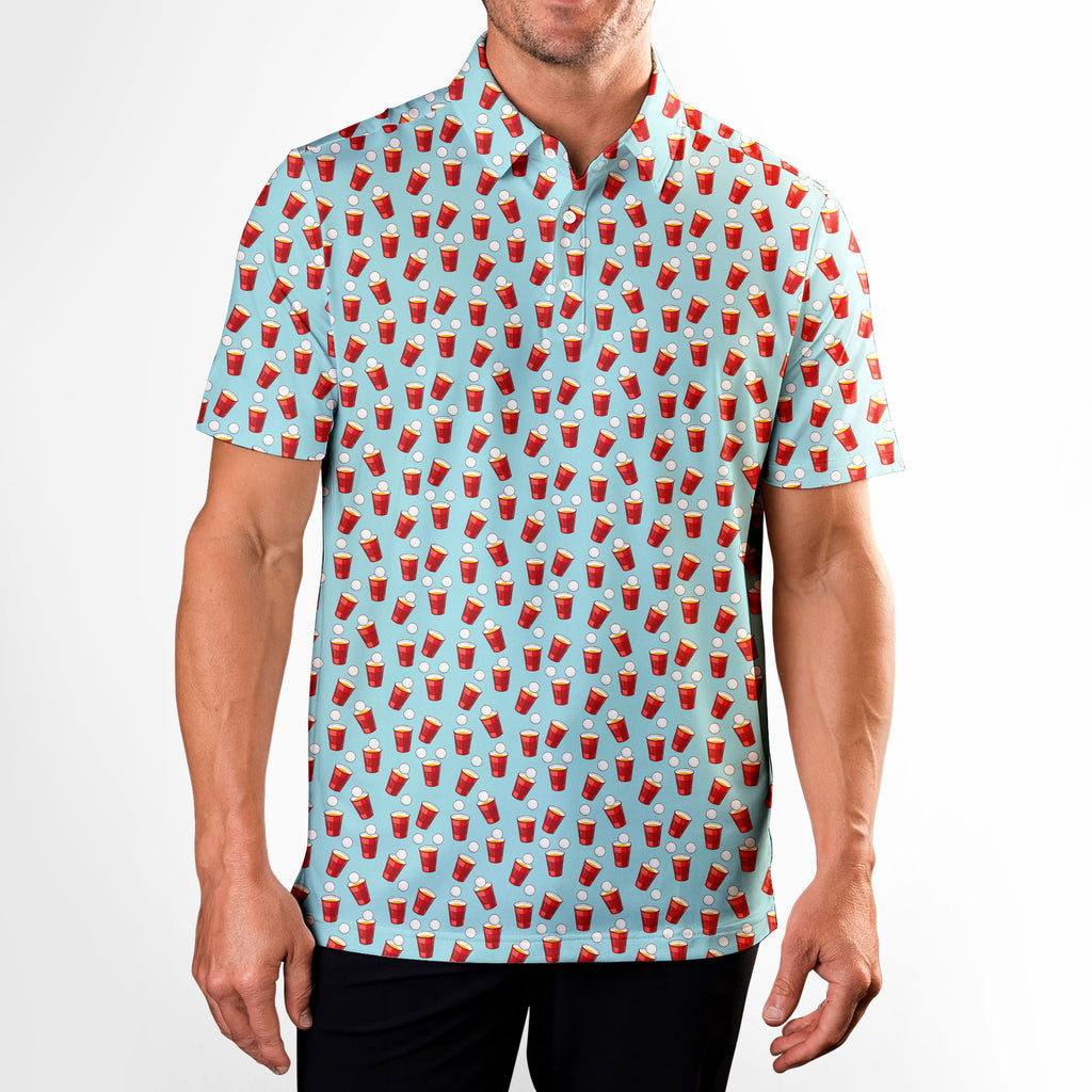 Red Solo Cup men's golf shirt in Light Blue on a golfer, front view