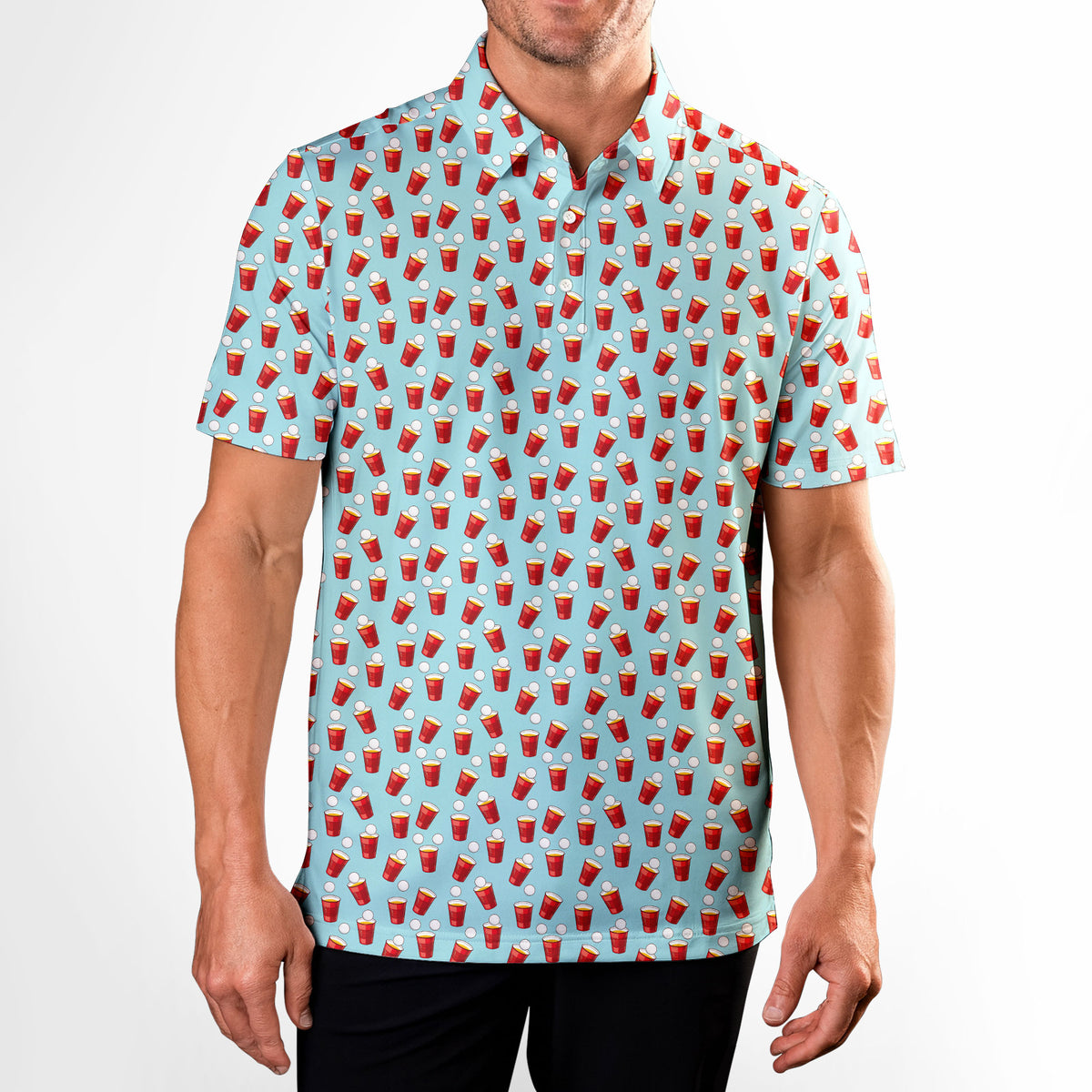 Red Solo Cup men's golf shirt in Light Blue on a golfer, front view