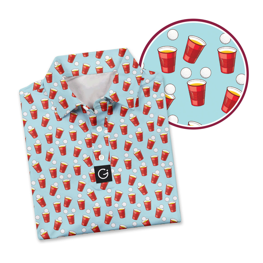 Red Solo Cup funny golf polo for men in Light Blue, close-up of the red party cup print