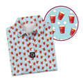 Red Solo Cup funny golf polo for men in Light Blue, close-up of the red party cup print