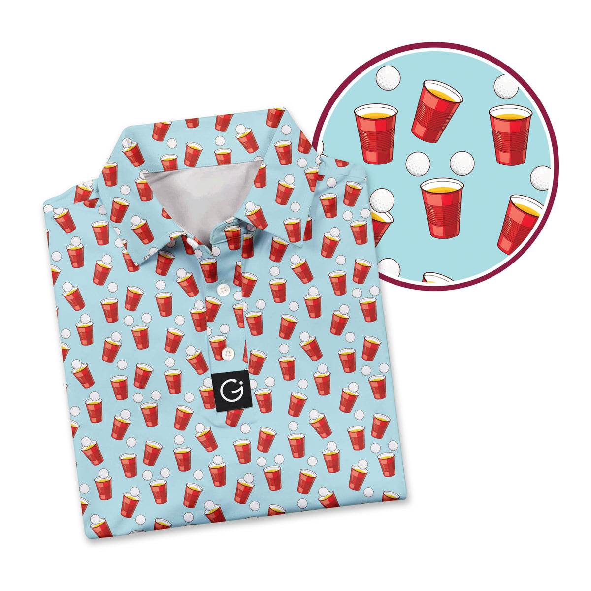 Red Solo Cup funny golf polo for men in Light Blue, close-up of the red party cup print