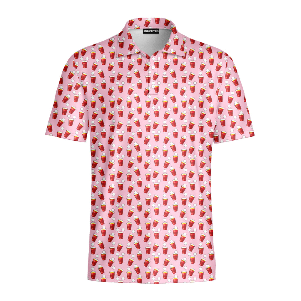 Red Solo Cup funny golf polo for men in Pink, front flat lay