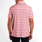Red Solo Cup men's golf shirt in Pink on a golfer, back view