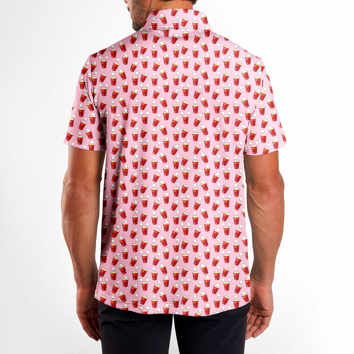 Red Solo Cup men's golf shirt in Pink on a golfer, back view