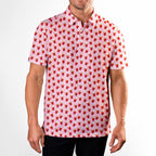 Red Solo Cup men's golf shirt in Pink on a golfer, front view