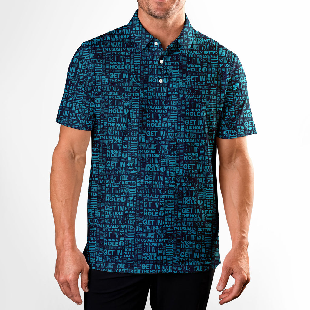 That What's She Said v2 men's golf shirt in Dark Blue on a golfer, front view