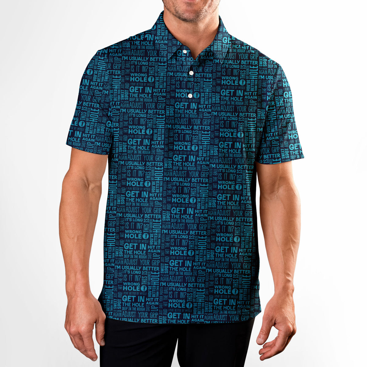 That What's She Said v2 men's golf shirt in Dark Blue on a golfer, front view