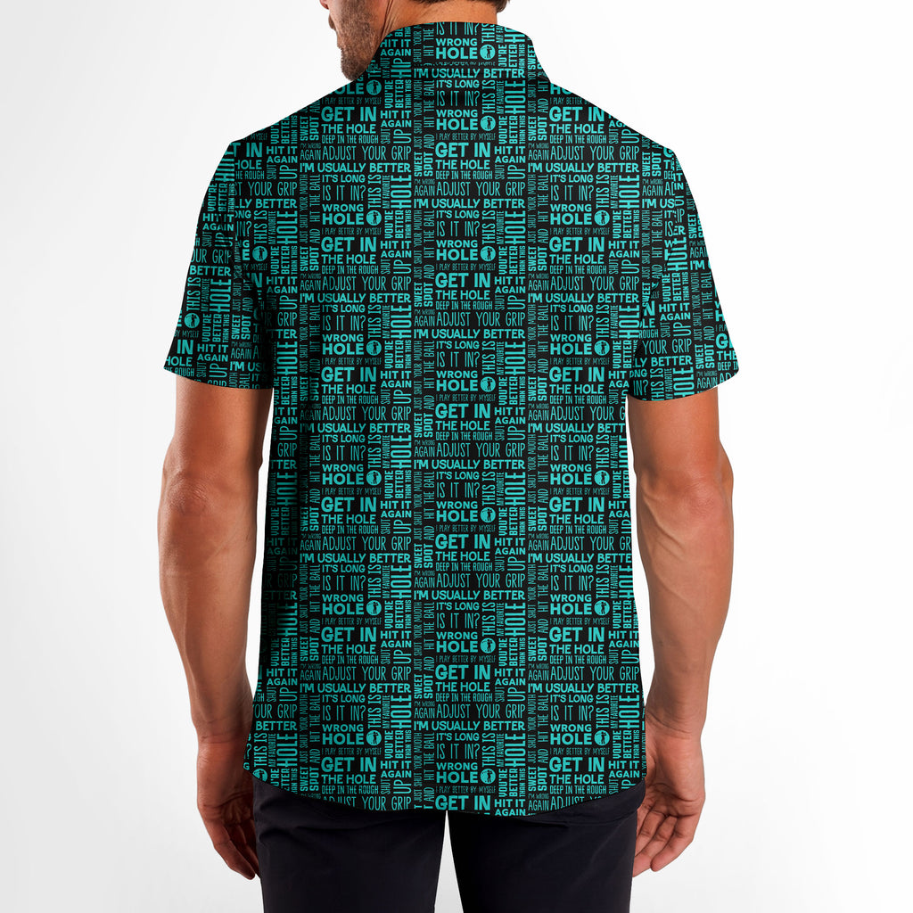 That What's She Said v2 men's golf shirt in Green on a golfer, back view