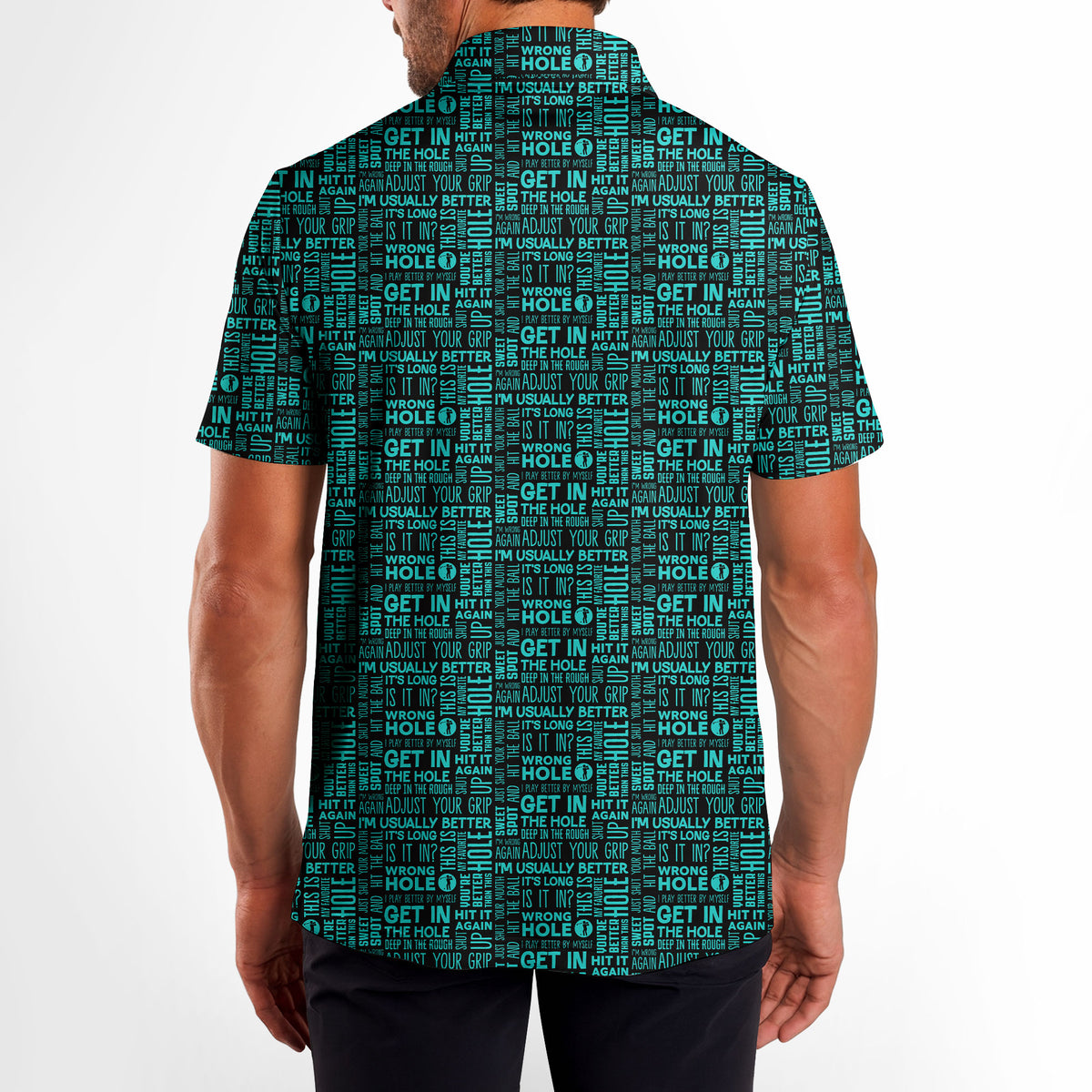 That What's She Said v2 men's golf shirt in Green on a golfer, back view