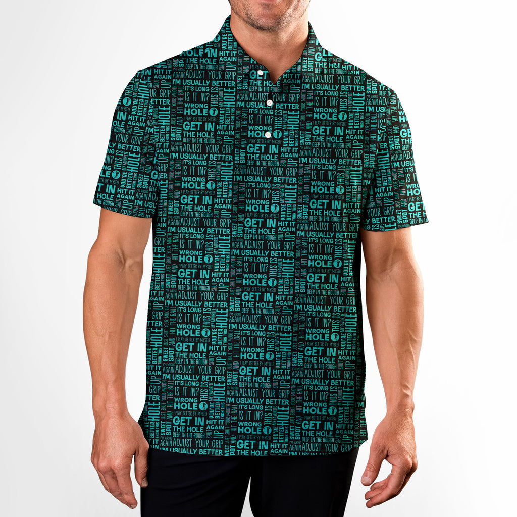 That What's She Said v2 men's golf shirt in Green on a golfer, front view