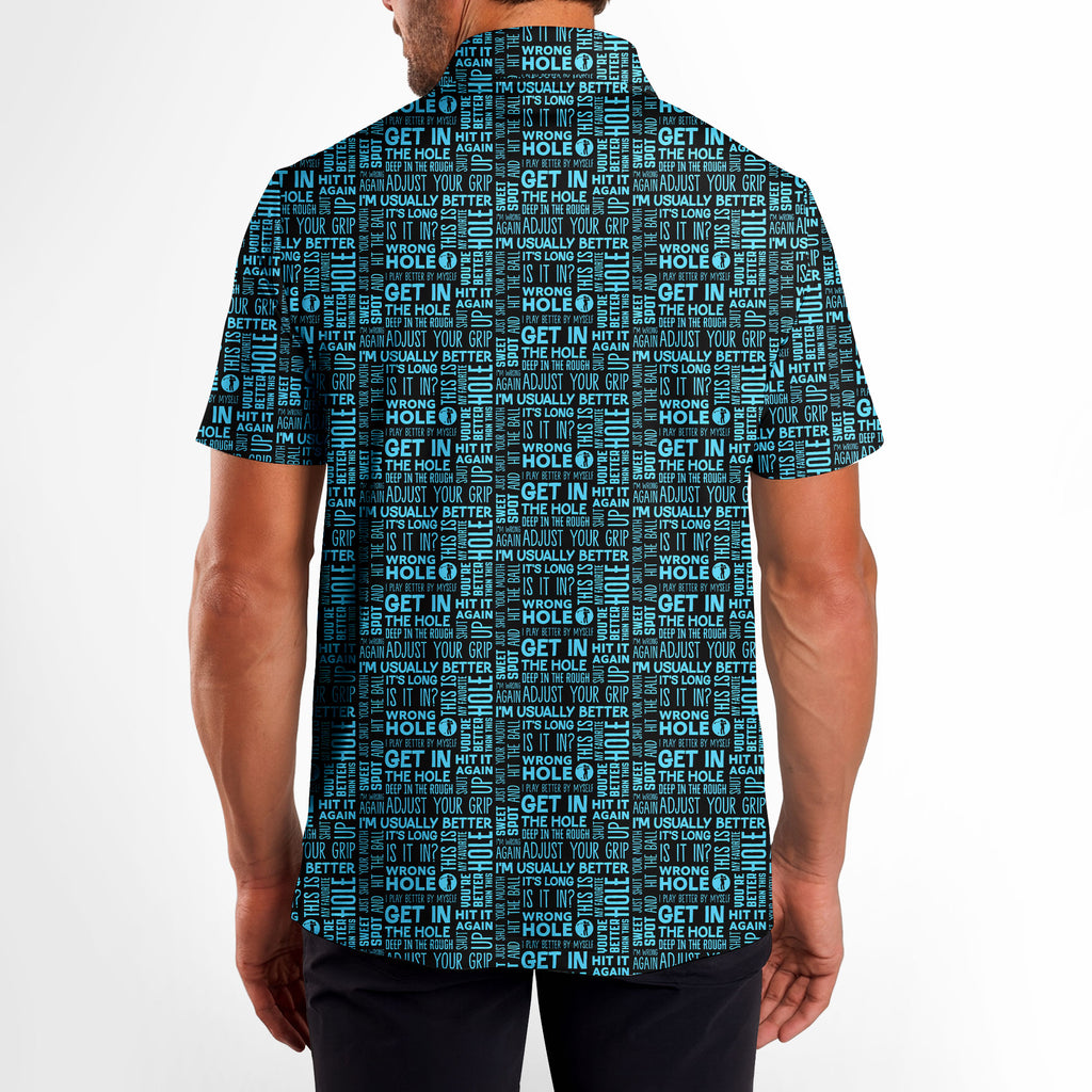 That What's She Said v2 men's golf shirt in Light Blue on a golfer, back view