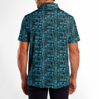 That What's She Said v2 men's golf shirt in Light Blue on a golfer, back view