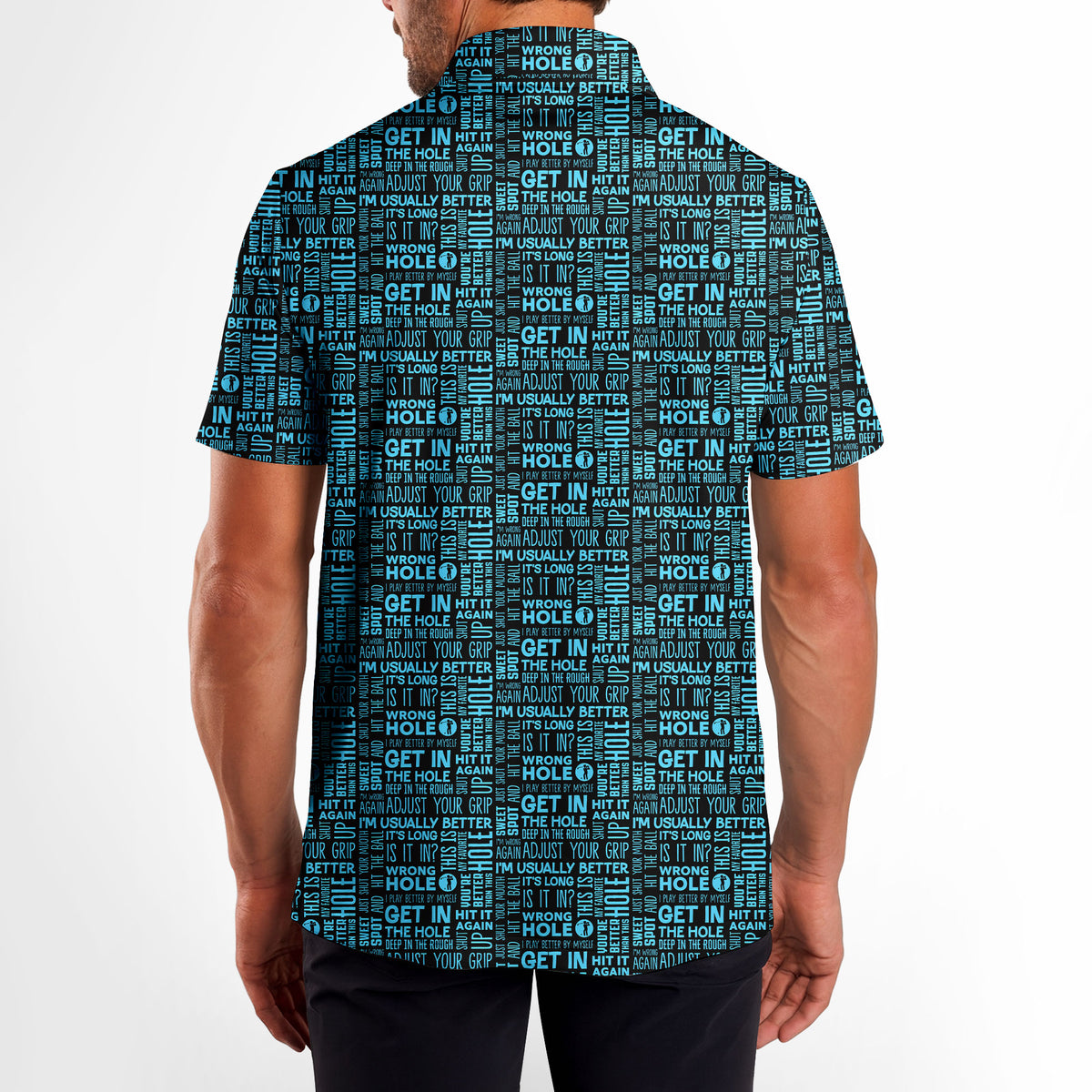 That What's She Said v2 men's golf shirt in Light Blue on a golfer, back view