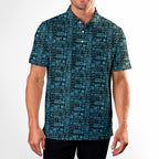 That What's She Said v2 men's golf shirt in Light Blue on a golfer, front view