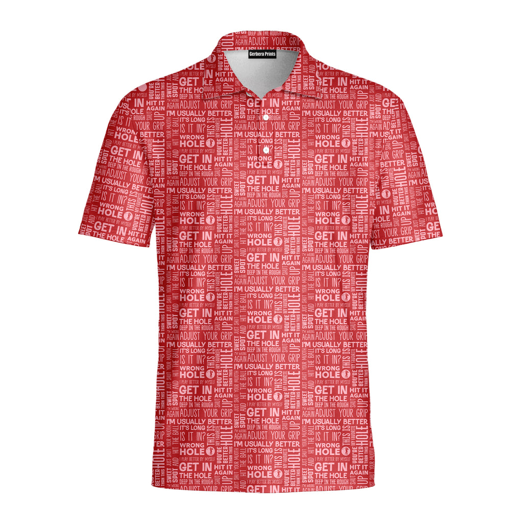 That What's She Said v2 funny golf polo for men in Red, front flat lay