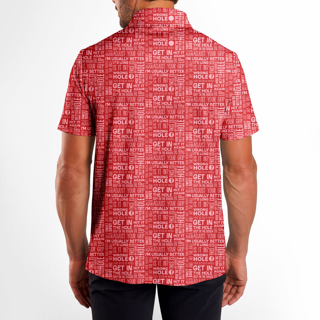 That What's She Said v2 men's golf shirt in Red on a golfer, back view