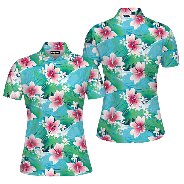 Tropical White Hibiscus Flowers With Green Leaves Polo Shirt For Women