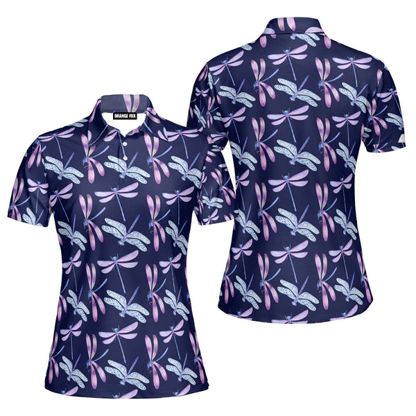 Watercolor Dark Blue Dragonflies Polo Shirt For Women