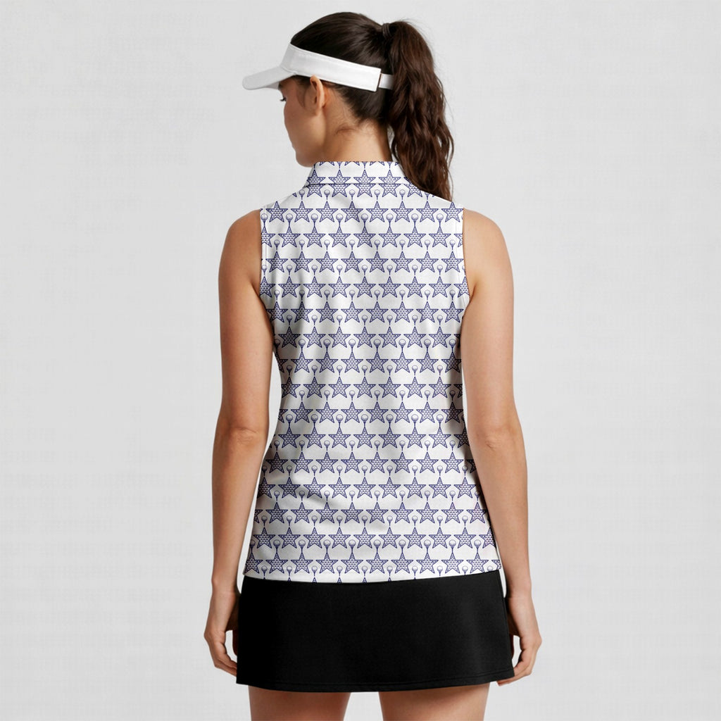 Dimple Star Flag Women Sleeveless Polo Shirt - Model Side