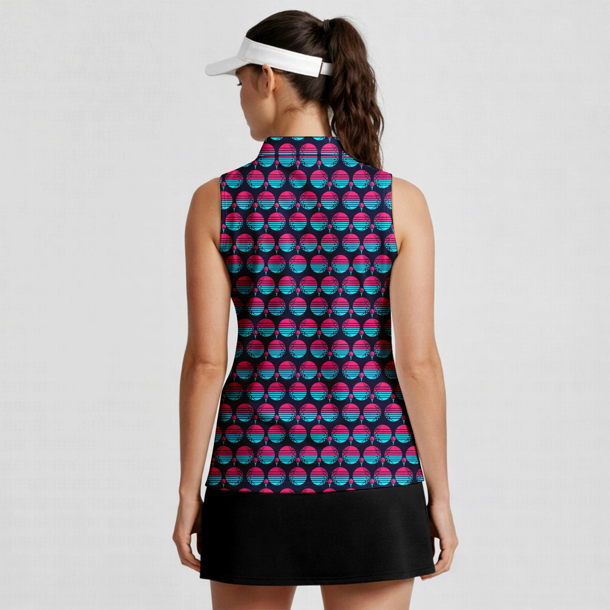 Synthwave Bogey Sun Women Sleeveless Polo Shirt - Model Side