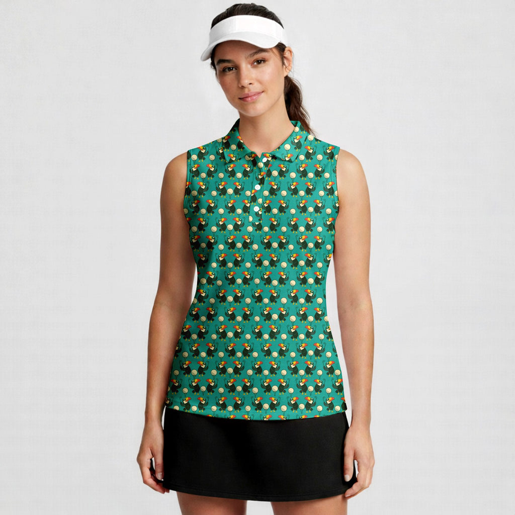 Toucan Tee Time Women Sleeveless Polo Shirt - Model Front