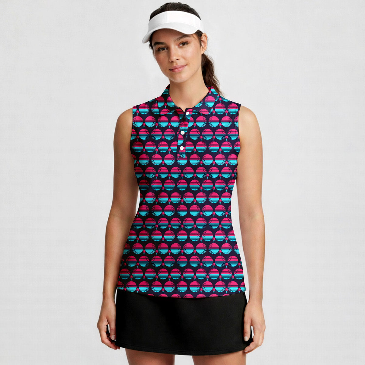 Synthwave Bogey Sun Women Sleeveless Polo Shirt - Model Front
