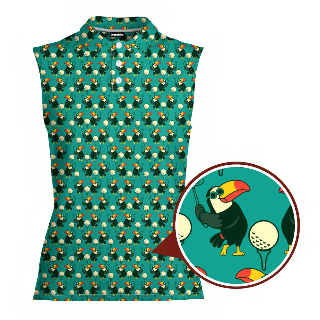 Toucan Tee Time Women Sleeveless Polo Shirt - Detail Close-up