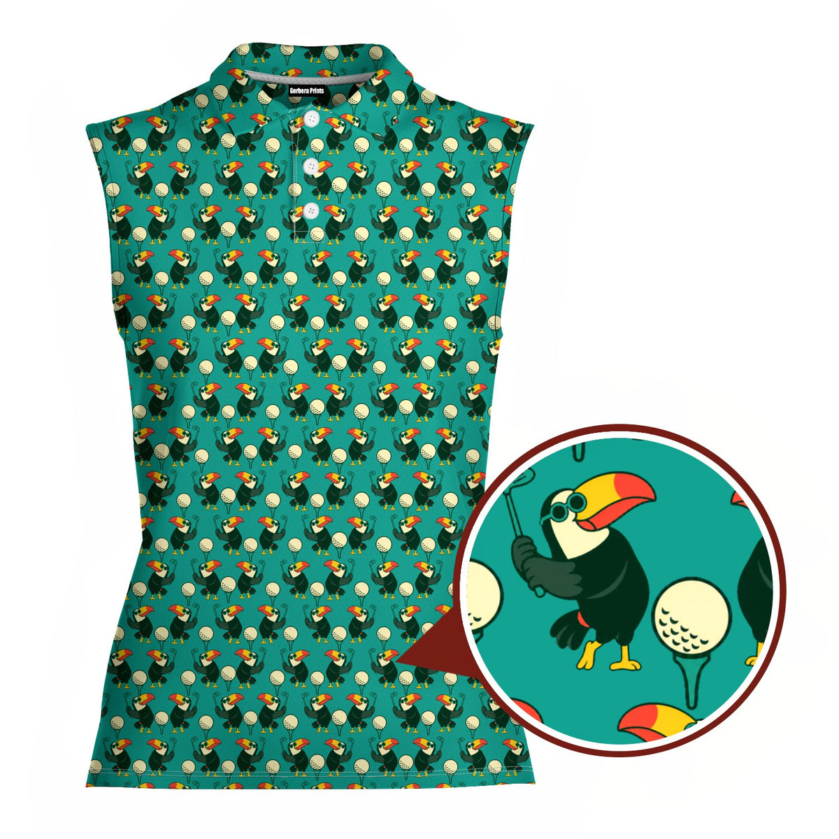 Toucan Tee Time Women Sleeveless Polo Shirt - Detail Close-up