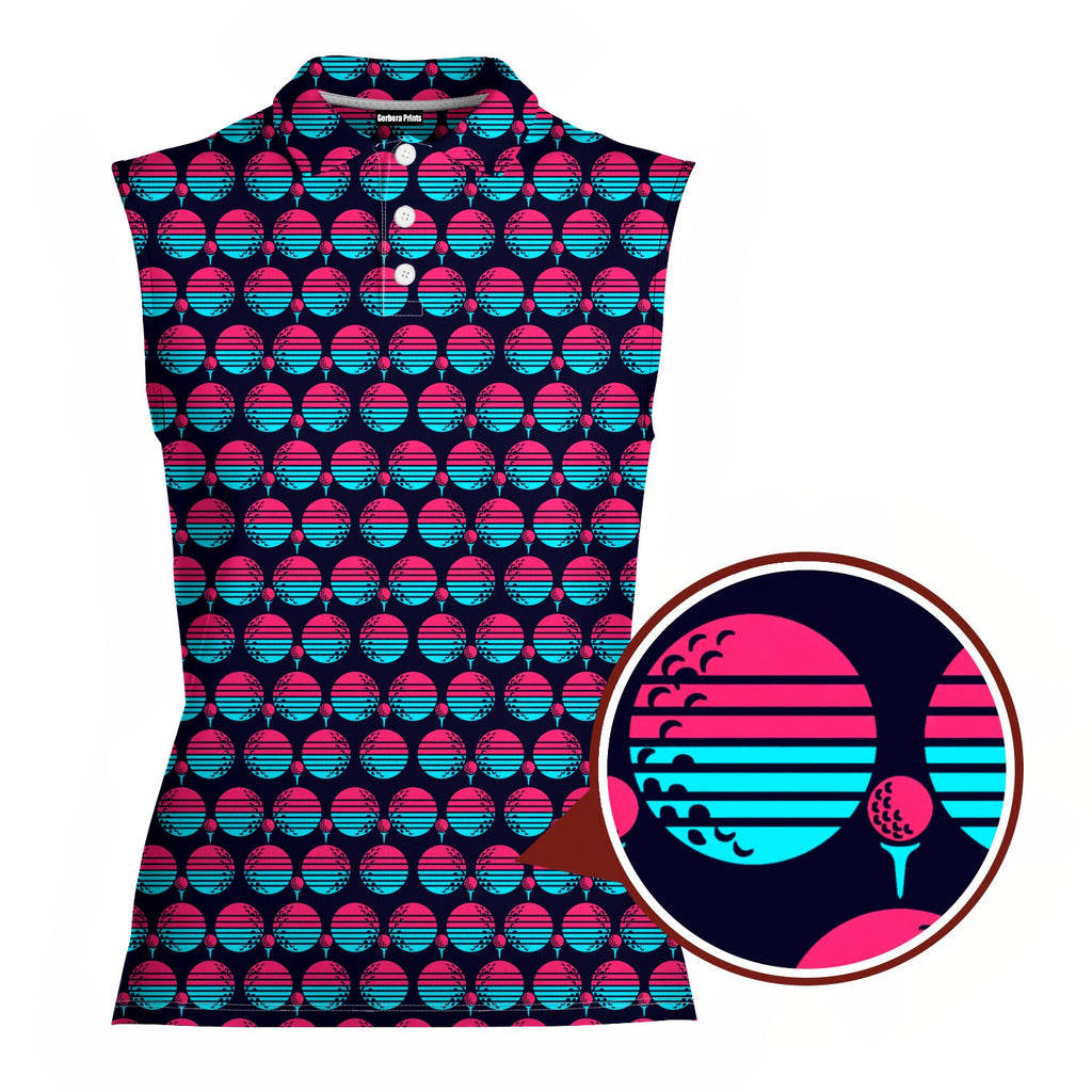 Synthwave Bogey Sun Women Sleeveless Polo Shirt - Detail Close-up