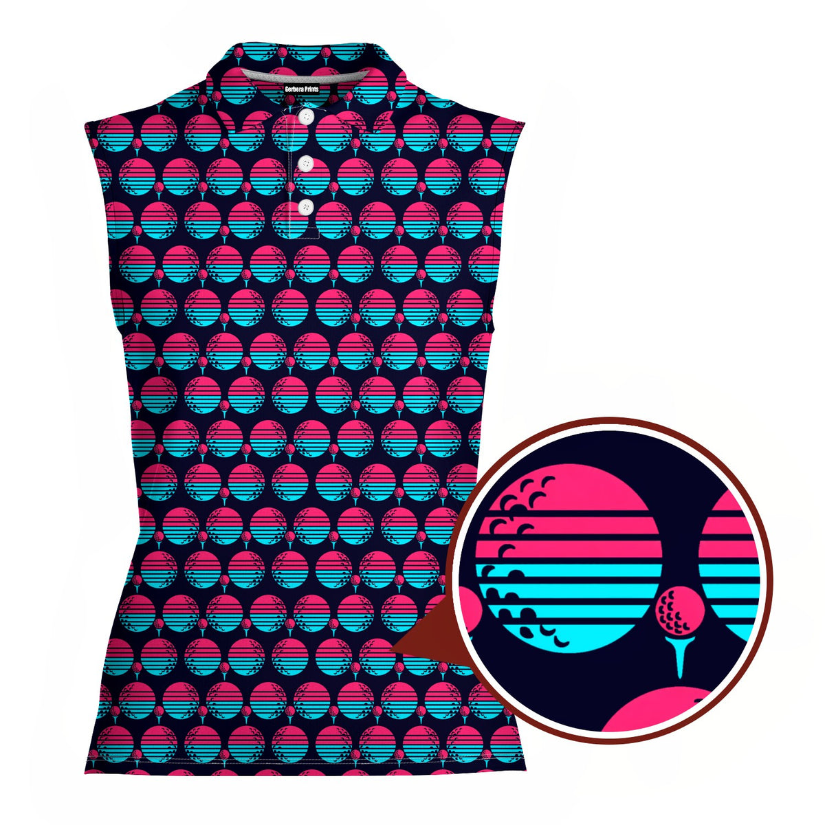 Synthwave Bogey Sun Women Sleeveless Polo Shirt - Detail Close-up