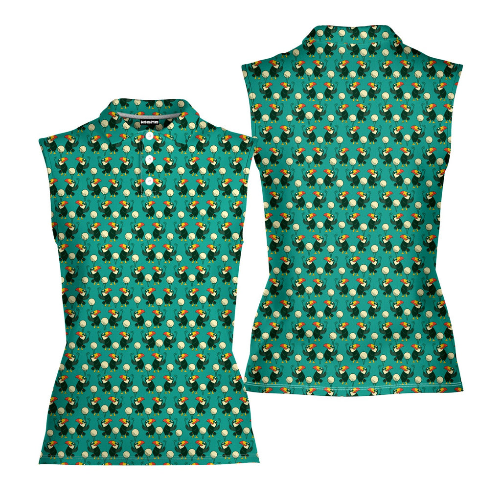 Toucan Tee Time Women Sleeveless Polo Shirt - Front and Back