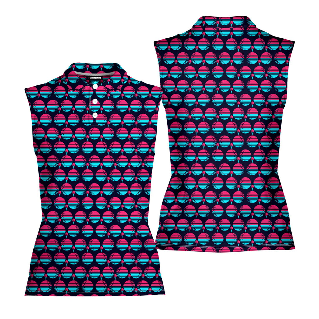 Synthwave Bogey Sun Women Sleeveless Polo Shirt - Front and Back