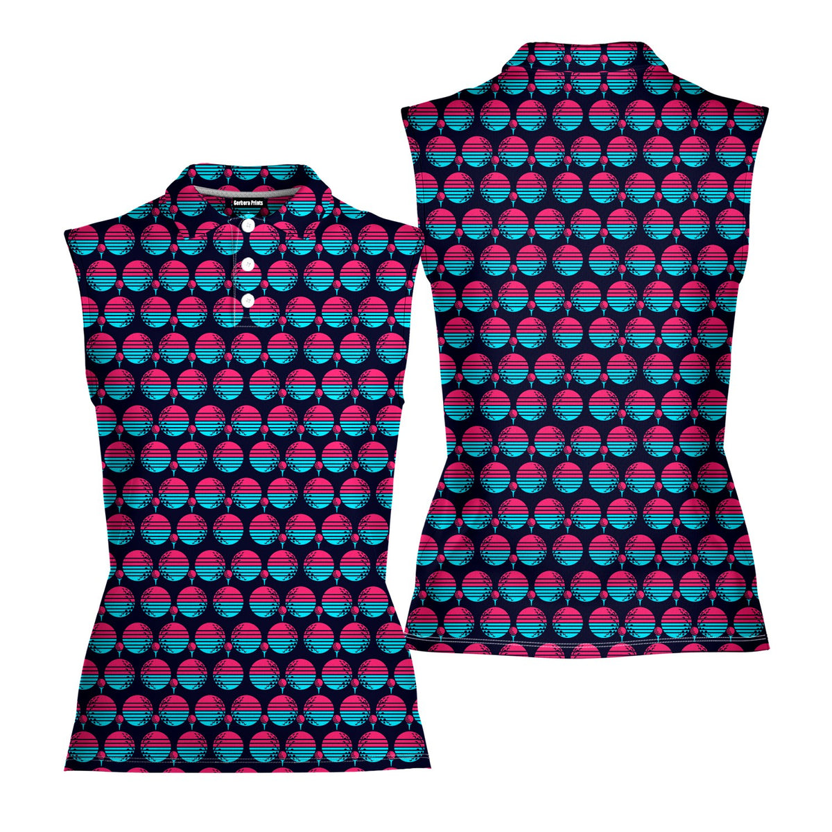 Synthwave Bogey Sun Women Sleeveless Polo Shirt - Front and Back