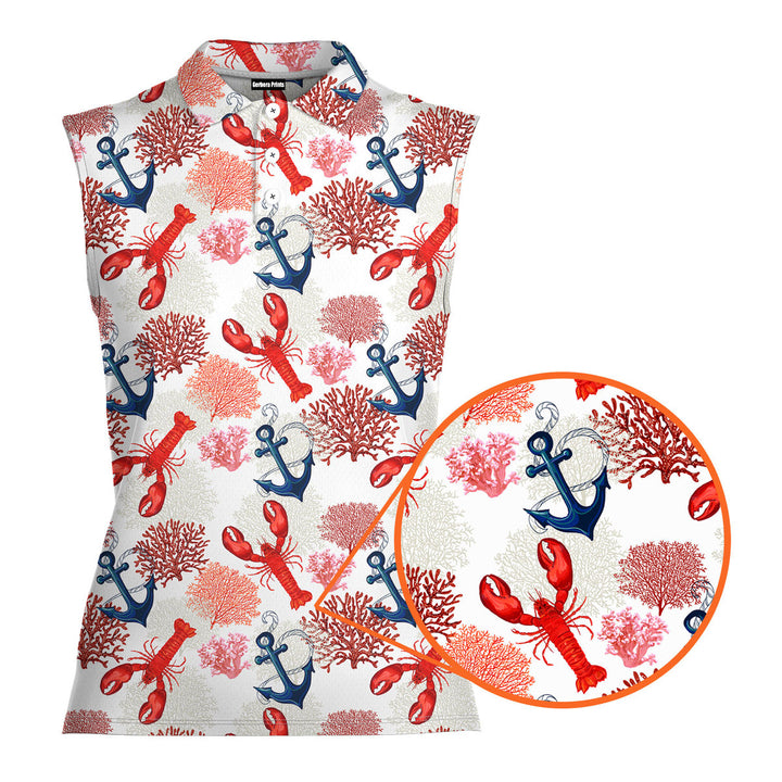 Lobster Tropical Pattern - Ladies Sleeveless Golf Polo Shirt