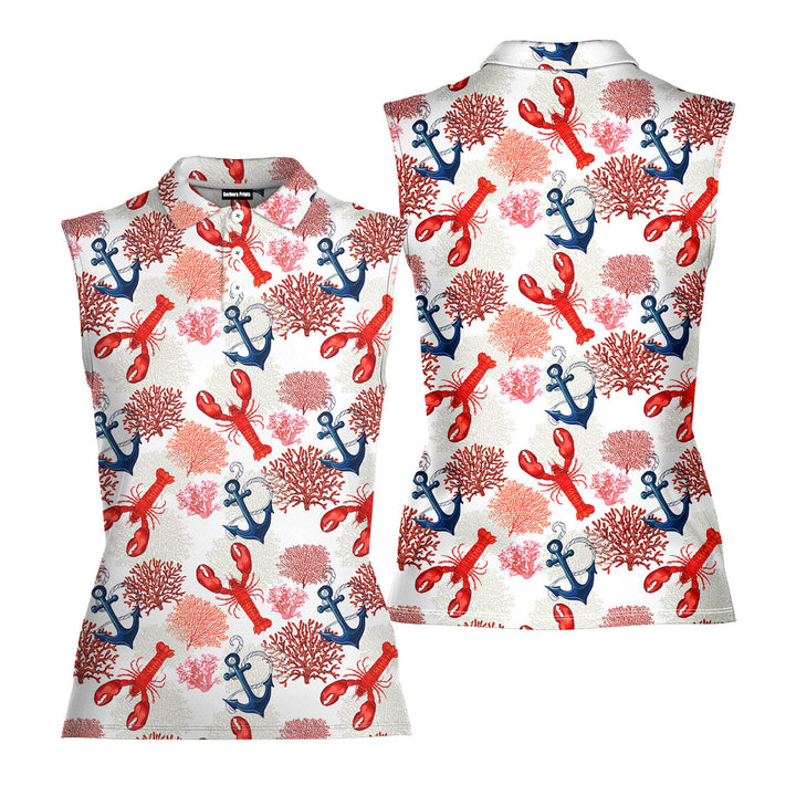 Lobster Tropical Pattern - Ladies Sleeveless Golf Polo Shirt