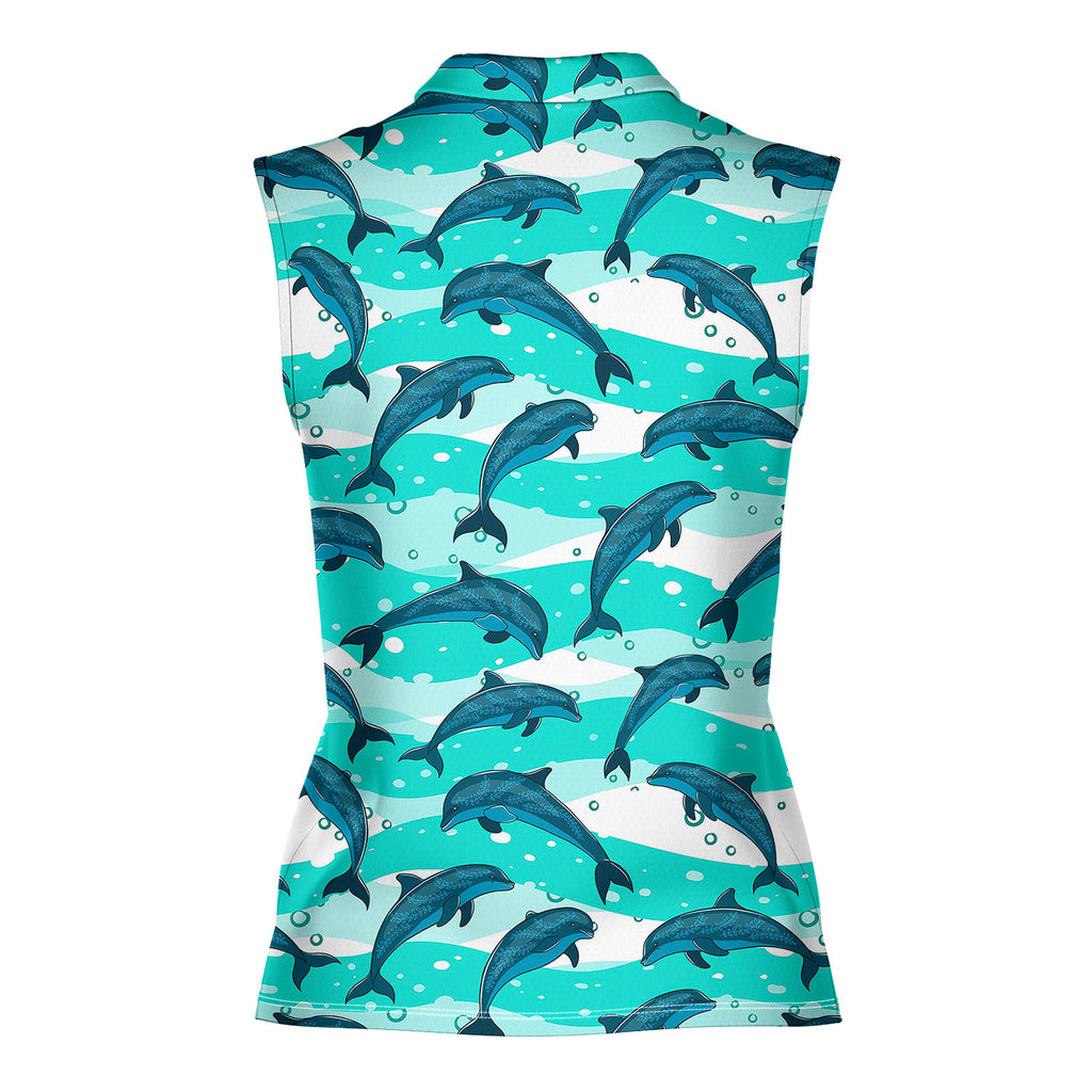 Realistic Dolphins In The Sea-Women Sleeveless Polo Shirt-Gerbera Prints