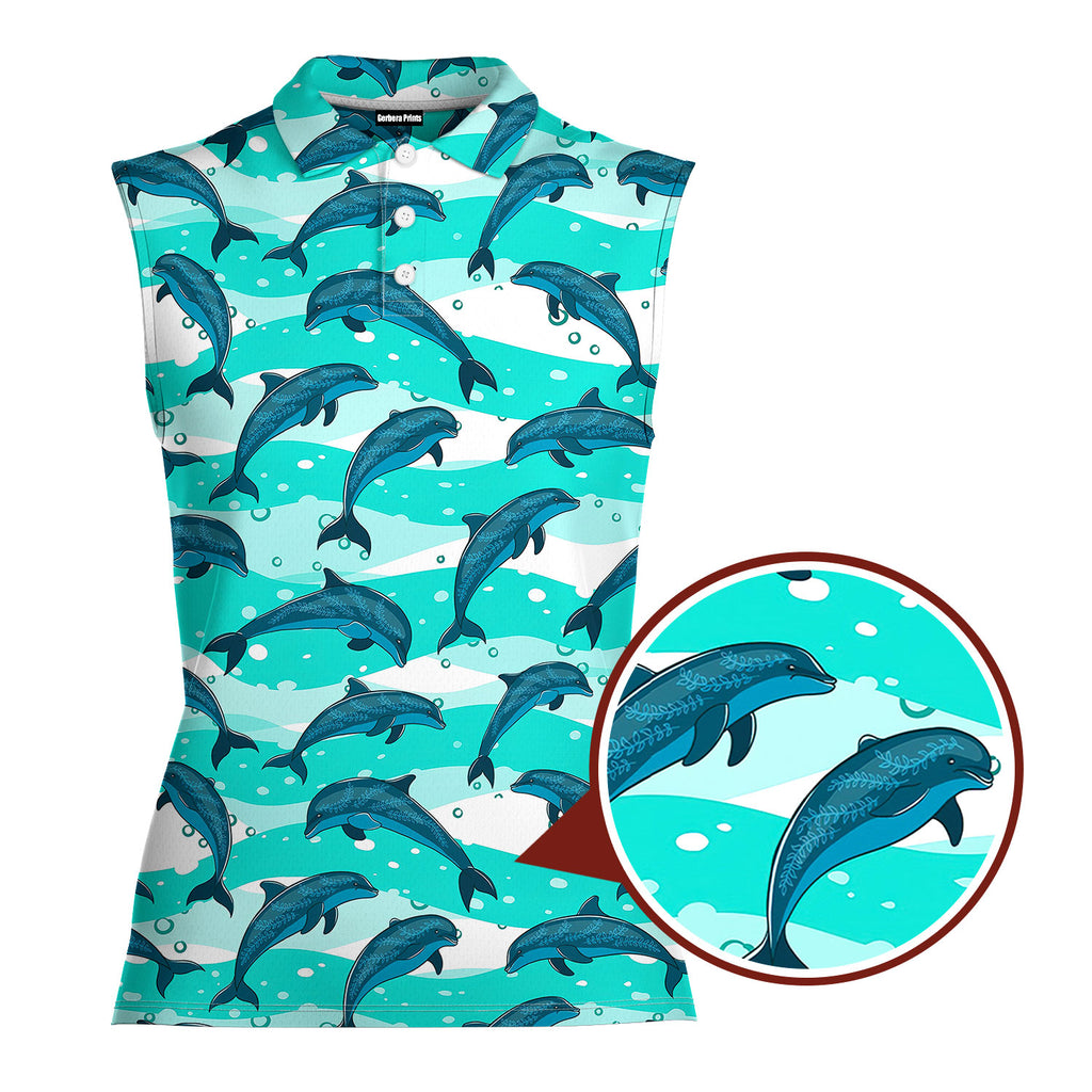 Realistic Dolphins In The Sea-Women Sleeveless Polo Shirt-Gerbera Prints