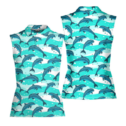 Realistic Dolphins In The Sea - Ladies Sleeveless Golf Polo Shirt