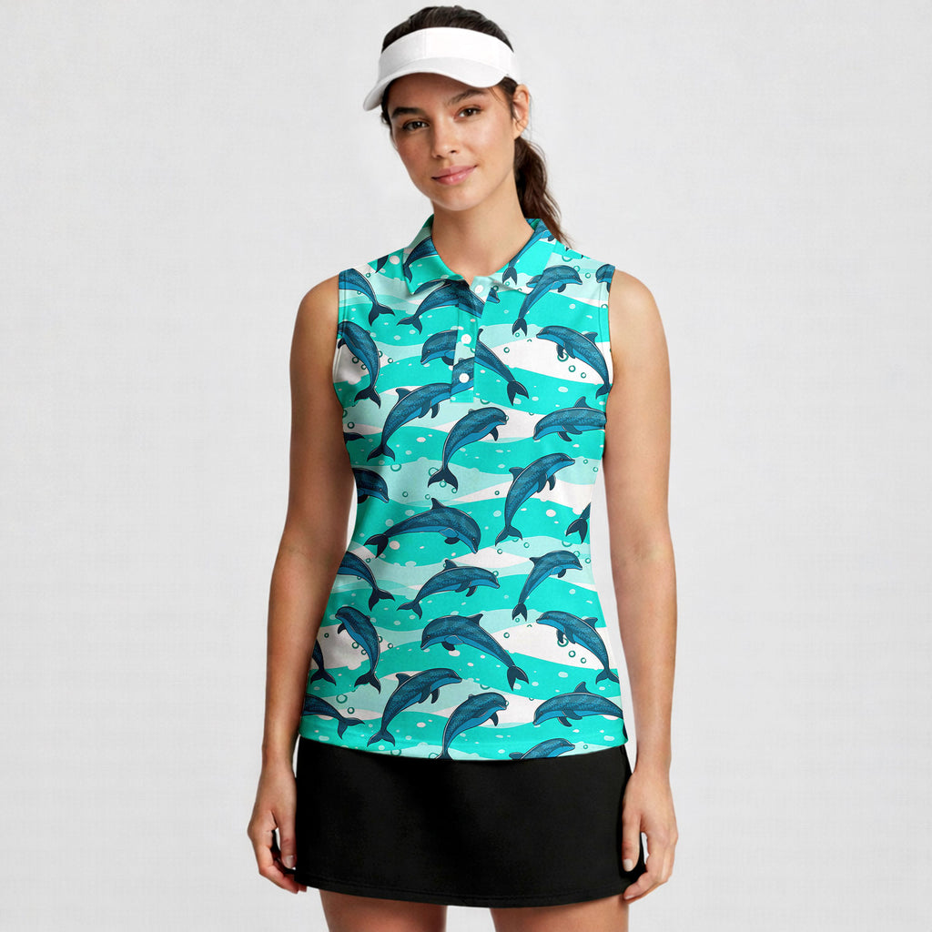 Realistic Dolphins In The Sea-Women Sleeveless Polo Shirt-Gerbera Prints