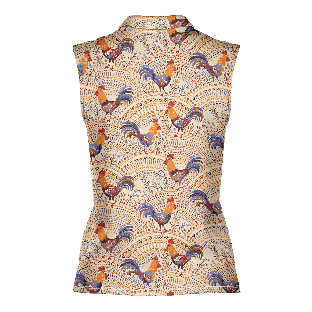 Chicken Roosters In Floral Ornament On A Beige Native Pattern-Women Sleeveless Polo Shirt-Gerbera Prints
