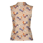 Chicken Roosters In Floral Ornament On A Beige Native Pattern-Women Sleeveless Polo Shirt-Gerbera Prints