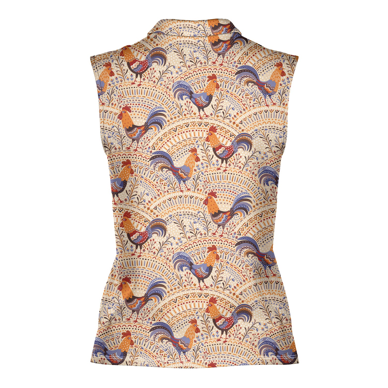 Chicken Roosters In Floral Ornament On A Beige Native Pattern-Women Sleeveless Polo Shirt-Gerbera Prints