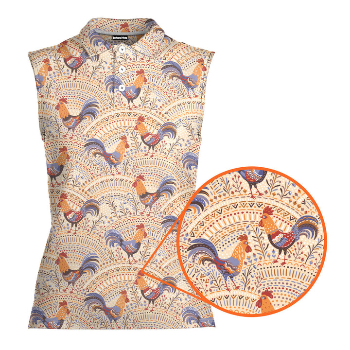 Chicken Roosters In Floral Ornament On A Beige Native Pattern - Ladies Sleeveless Golf Polo Shirt