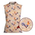 Chicken Roosters In Floral Ornament On A Beige Native Pattern-Women Sleeveless Polo Shirt-Gerbera Prints