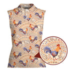 Chicken Roosters In Floral Ornament On A Beige Native Pattern-Women Sleeveless Polo Shirt-Gerbera Prints